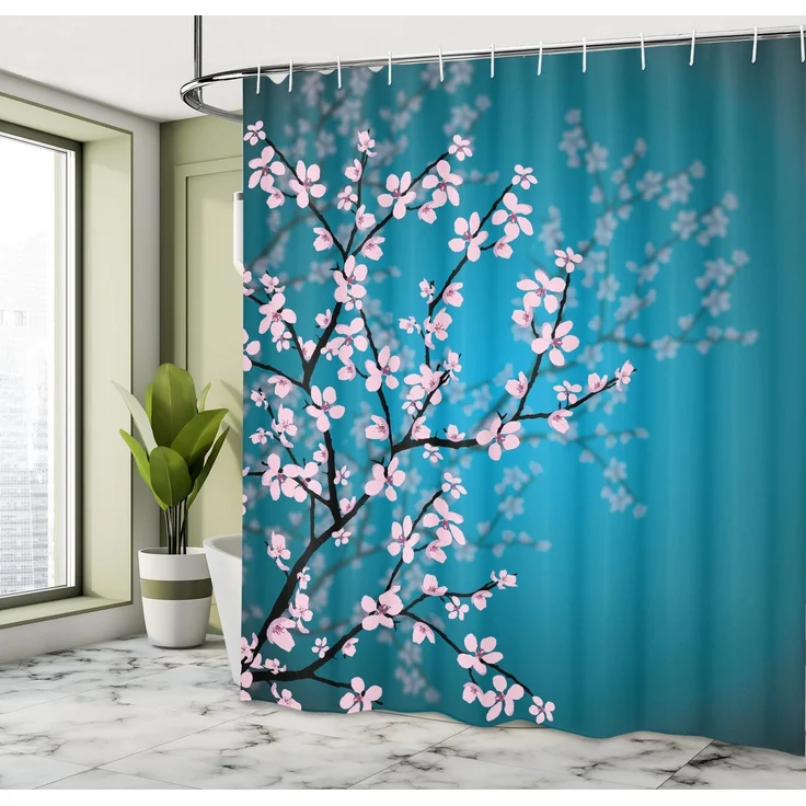 Abakuhaus Duschvorhang Moderner Digitaldruck mit 12 Haken auf Stoff Wasser Resistent Breite 175 cm, Höhe 180 cm, japanisch Sakura Bloom Muster – Bild 2