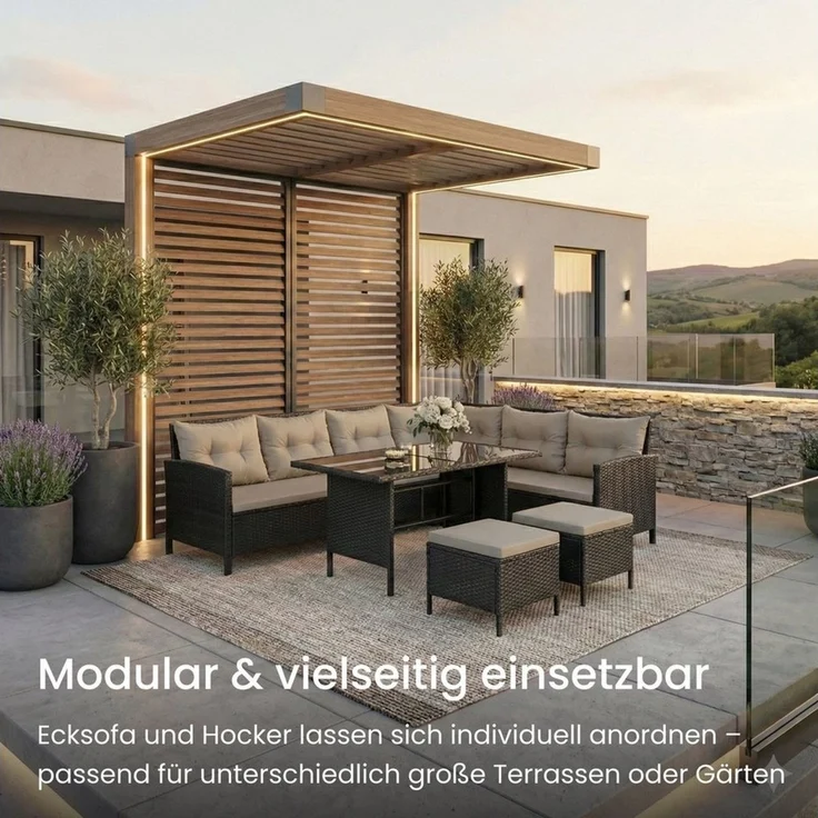 Home Collective Gartenlounge-Set 7-Sitzer mit Ecksofa Outdoor Möbel Gartenmöbel Polyrattan Outdoormöbel, (220x170x79 cm (BxTxH), gemütliche Polster in schwarz oder grau), inkl. Esstisch mit gehärteter Glasplatte und zwei Hocker, schwarz – Bild 2