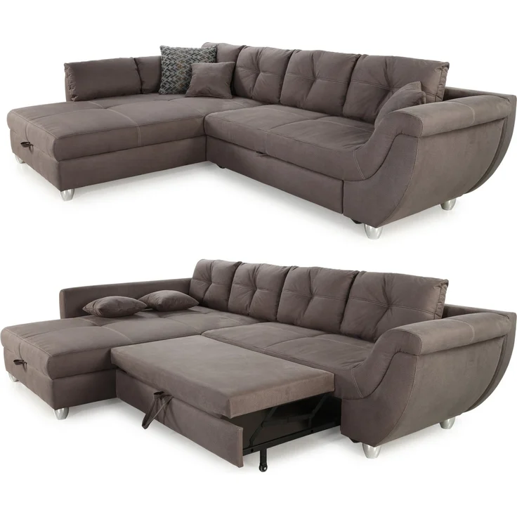 Ecksofa groß mit Rutschen-Armlehne Schlaffunktion Bettkasten Couch in Braun – Bild 9