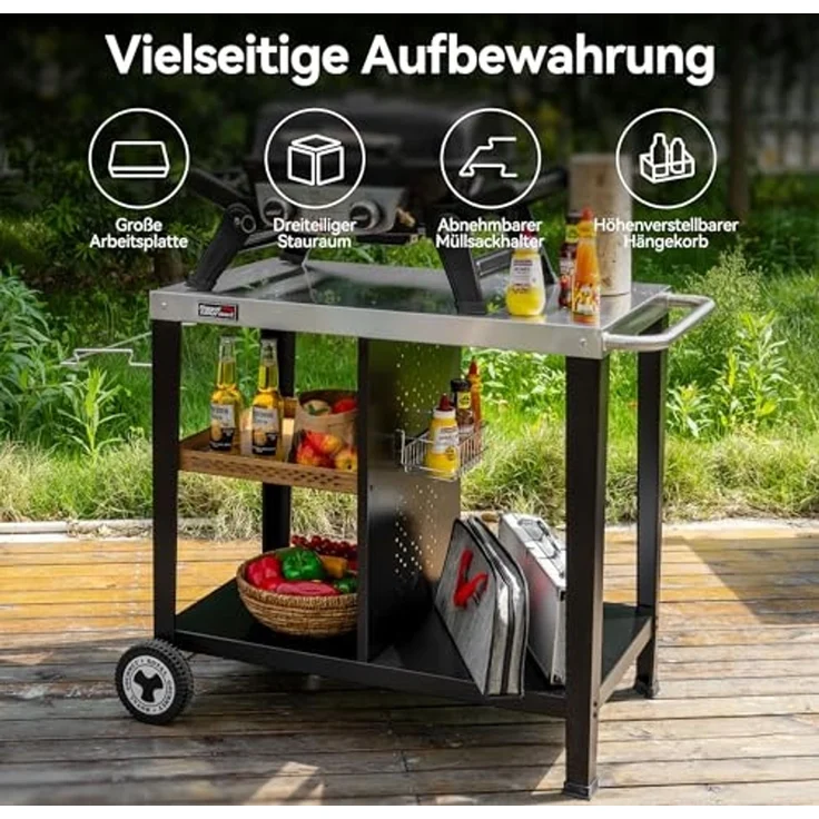 Royal Gourmet Grillablagetisch Grilltisch mit 85x50 cm Edelstahlplatte, 3-Etage Grillwagen, Mobiler Mehrzweck-Küchenwagen – Bild 4