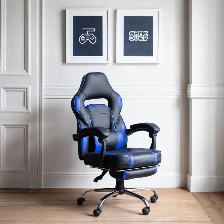 Happy Garden Gamer Sessel schwarz und blau LINK, Gaming Stuhl, ergonomischer Bürostuhl, Lendenwirbelstütze, Kopfstütze, drehbar, höhenverstellbar, neigbare Rückenlehne, teleskopische Fußstütze – Bild 2