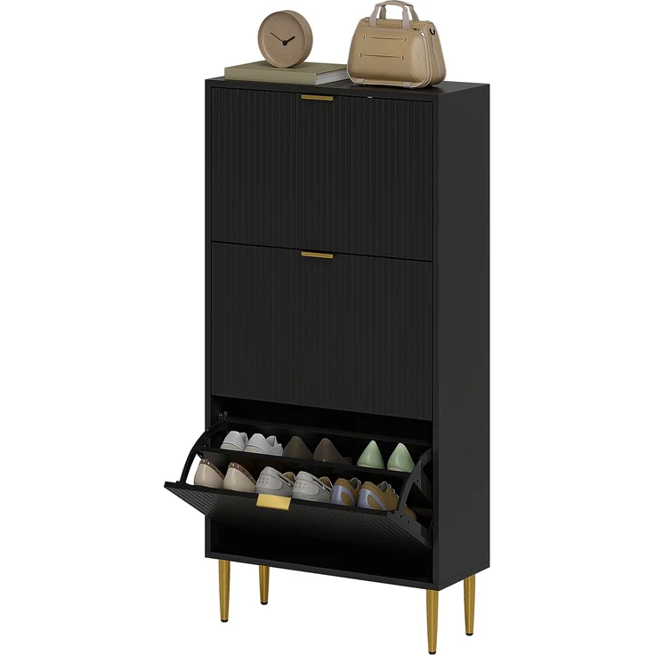 Schuhschrank für 18 Paar Schuhe mit 3 Klappschubladen, geriffelten Türen und verstellbaren Einlegeböden, 60 x 24 x 122,5 cm, schwarz – Bild 2