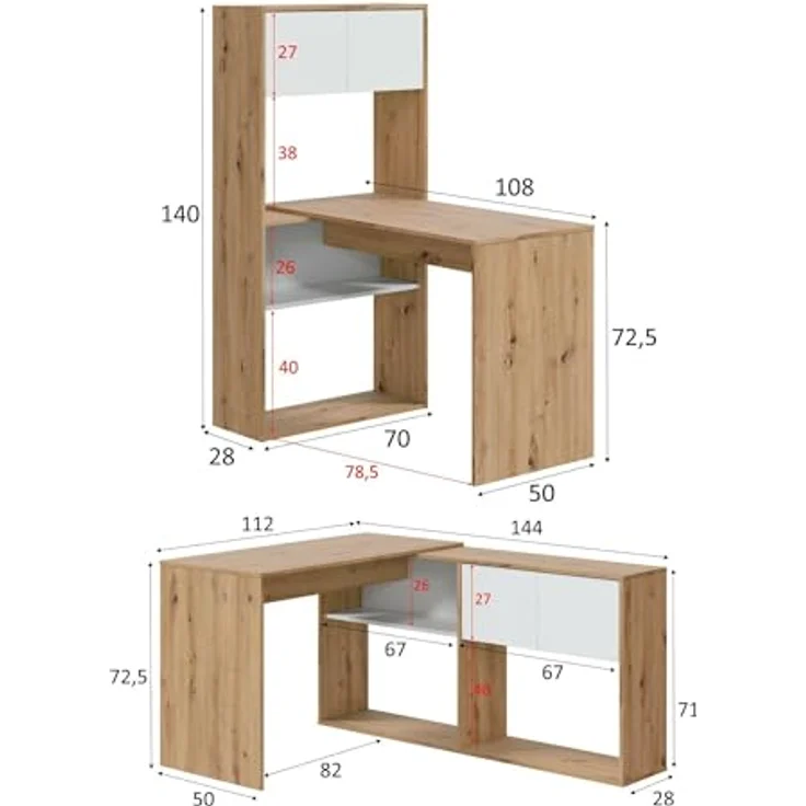 Dmora - Riverside-Schreibtisch, multifunktionaler umkehrbarer Eckschreibtisch mit Bücherregal, Arbeits- oder Bürotisch mit mehreren Positionen, 108 x 70 x 140 cm, weiße und geknotete Eiche – Bild 3