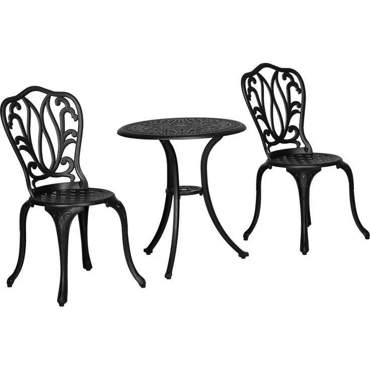 3-teiliges Gartenset mit 2 Gartenstühlen und einem Glas-Beistelltisch mit Sonnenschirmloch, aus Aluminium, schwarz – Bild 2