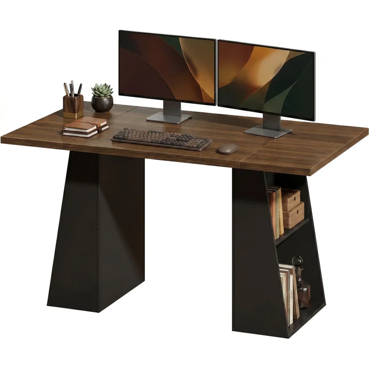 MELAYR, Schreibtisch mit 4 offenen Ablagen, Industrial Design, 140 cm, Braun-Schwarz – Bild 2