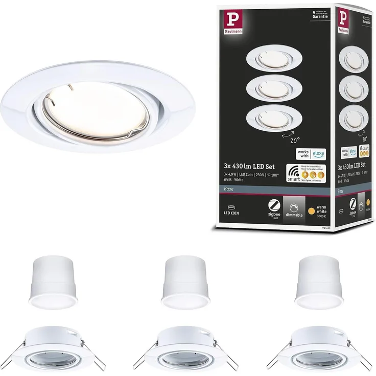 Paulmann 92463 Zigbee LED Einbauleuchte Base Coin Basisset Weiß 3000K