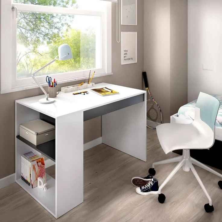 Dmora - Grigna Schreibtisch, Mehrzweckschreibtisch für Büro oder Schlafzimmer, linearer Arbeitstisch mit Regalen, 115 x 50 x 74 cm, Weiß und Anthrazit