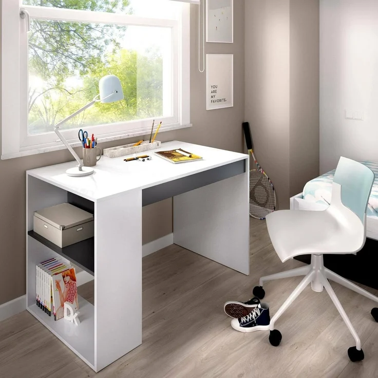 Dmora - Grigna Schreibtisch, Mehrzweckschreibtisch für Büro oder Schlafzimmer, linearer Arbeitstisch mit Regalen, 115 x 50 x 74 cm, Weiß und Anthrazit