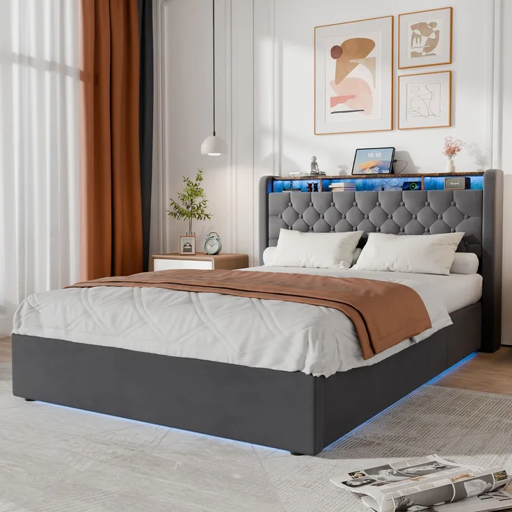 Polsterbett aus Holland-Velours mit LED, USB-C & hydraulischem Stauraum, ohne Matratze, 140x200 cm, Grau