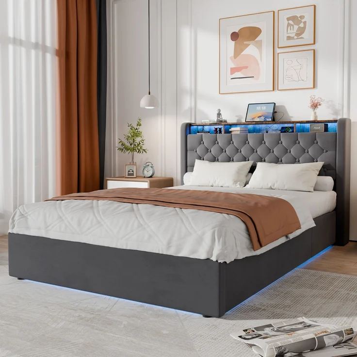 Polsterbett aus Holland-Velours mit LED, USB-C & hydraulischem Stauraum, ohne Matratze, 140x200 cm, Grau – Bild 1
