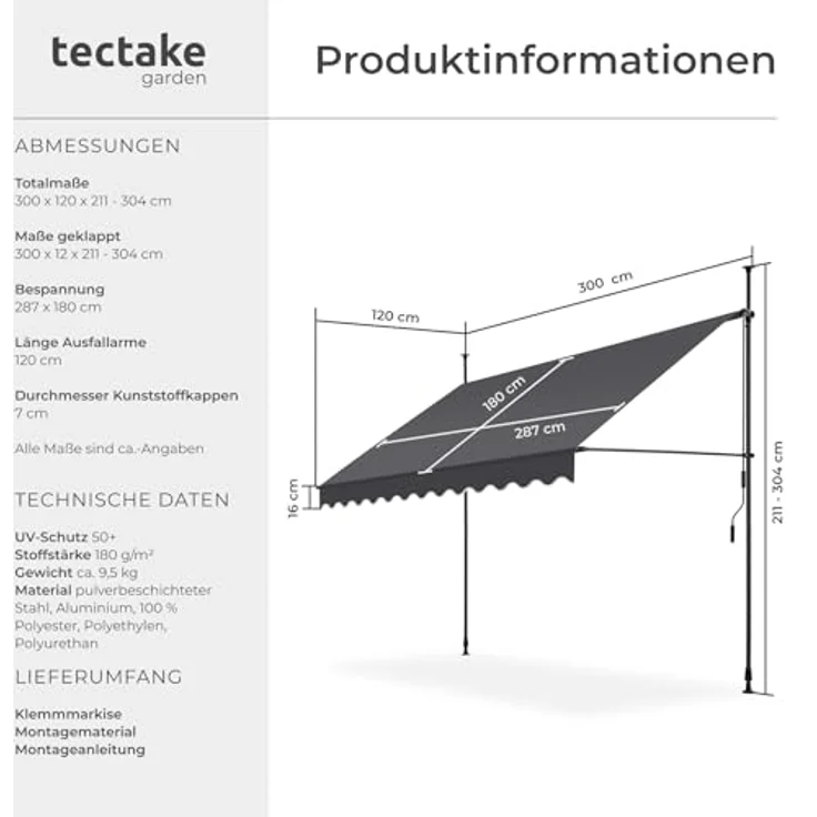 tectake® Klemmmarkise mit Handkurbel, Balkon Markise ohne Bohren, Markise höhenverstellbar, UV-beständig, wasserabweisend, Terrassenüberdachung, Sonnenschutz Terrasse & Balkon, 300 cm - schwarz/grau – Bild 7
