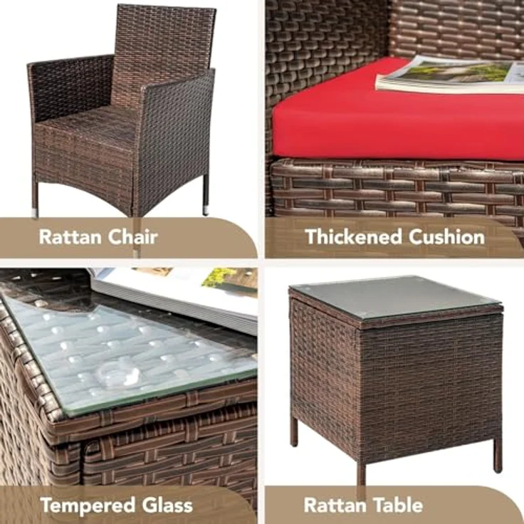 Balkonmöbel Set, 3-Teilige Gartenmöbel Terrassenmöbel aus PE-Rattan | bistrotisch mit 2 stühlen für Kleiner Balkon Terrasse Draußen, Polyrattan balkonmöbel 2 Personen – Bild 5