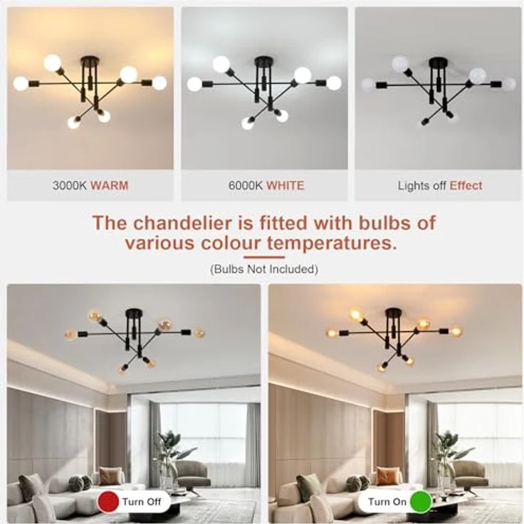 Goeco Deckenlampe Schwarz Vintage, 6 Flammig E27 Fassung Industrial Kronleuchter, Retro Deckenleuchte Sputnik für Schlafzimmer Küche Wohnzimmer, 70CM MAX. 60W (Glühbirnen Nicht Inbegriffen) – Bild 5