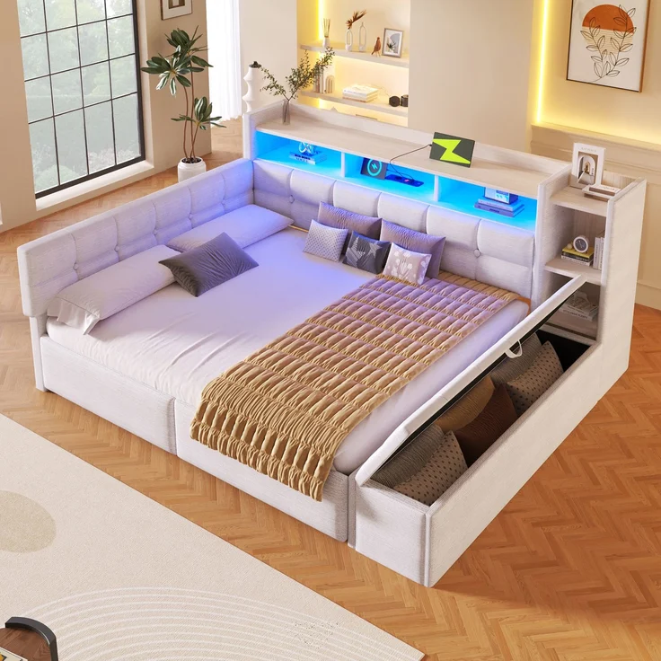 Merax Polsterbett 140 × 190 cm, Doppelbett, Tagesbett, Daybett, Schlafsofa, mit 2 Schubladen, USB- und Typ-C-Anschlüssen, LED-Lichtleiste, Ohne Matratze, Samt, Weiß – Bild 2