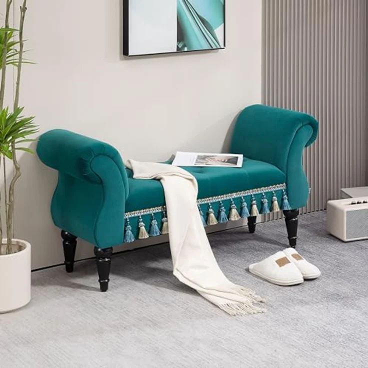 HOMCOM Polsterbank Hockerbank, Bettrbank mit Samtoptik (Sitzbank, 1-St, Schminktischbänke), für Schlafzimmer, Grün – Bild 3