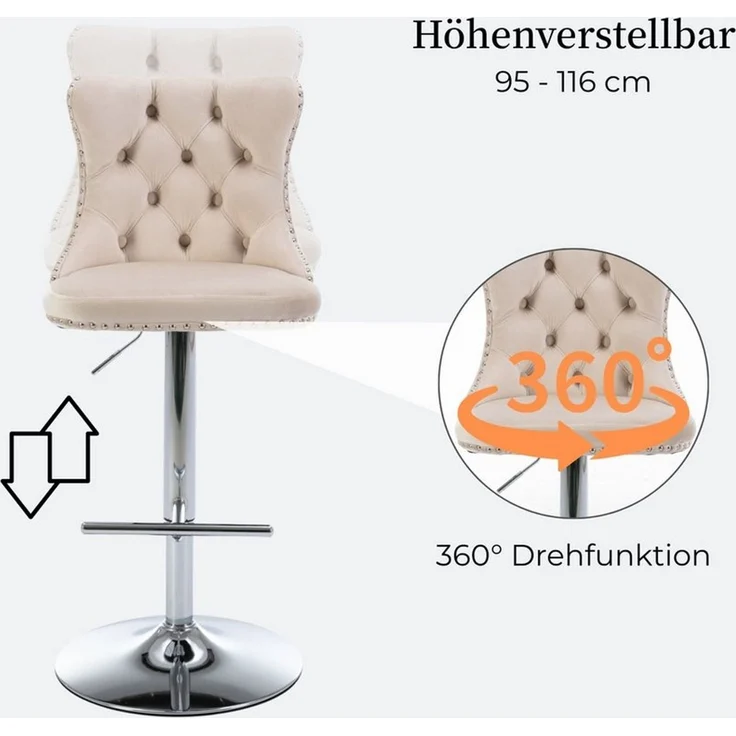 SeedWave Barhocker 2er Set Barstuhl Höhenverstellbarer Samt Drehhocker mit Fußstütze, Sitzhöhe: 63-84cm, Chromgestell, Nietenverzierung – Bild 3
