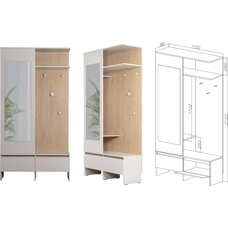 Marmex Möbel NEL L Garderobenschrank, Garderobe mit Spiegel und Kleiderstange, Dielenschrank, Kompaktgarderobe, laminierte Spanplatte, graubeige cashmere + cremona torro, 110x210x38 cm – Bild 2