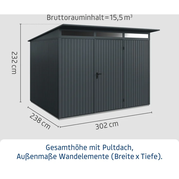 Hörmann Ecostar 'Trend' Gerätehaus mit Pultdach, 1-flüglige Tür, Metall anthrazitgrau, 7,2 m², 283,4 x 312,7 x 232,3 cm – Bild 3