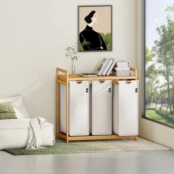 AdelDream Wäschekorb Wäschekörbe mit Bambusrahmen, 150 l, 3 Fächer – Bild 3
