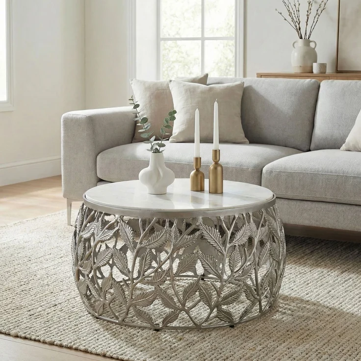FINEBUY Couchtisch FB73714 60cm Silber Marmor Sofatisch Beistelltisch Wohnzimmertisch Alu (Natürliche Materialien treffen auf modernes Design), Runder Tisch mit stilvoller und stabiler Bauweise – Bild 1