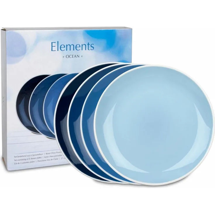 Waechtersbach Elements Ocean Teller 4er Set, Speiseteller, im Geschenkkarton, Bone China, Blau, Ø 27 cm, 41 5 974 3000