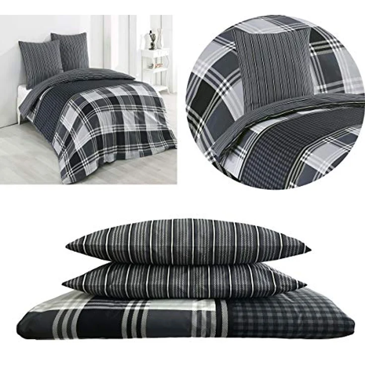 Buymax Bettwäsche Wendebettwäsche, Bettbezug-Set, 100% Baumwolle Renforce, 3 teilig, 200x220 cm, Reißverschluss, hochwertig, Grau, Anthrazitgrau – Bild 3