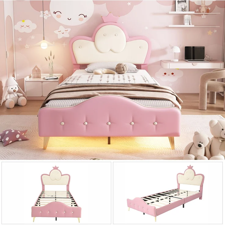 Merax 90x200CM Polsterbett, Kinderbett, mit weichen Schutzkanten, Monochromer LED-Streifen, Kopfteil mit Krone, Bettfüße aus Metall, Wellenform mit Zugpunkt am Kopfende des Bettes, Einzelbett, PU, Rosa+Weiß – Bild 6