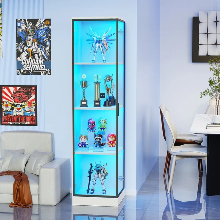 Eckvitrine 85x165x36 cm, Glasvitrine mit LED-Beleuchtung, Körpersensor und 4 Regalböden, Weiß – Bild 8