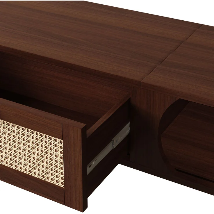 TV-Schrank Holz mit Rattanschubladen, Massivholztüren, Schiebetür, stabiles Design,Walnuss – Bild 8
