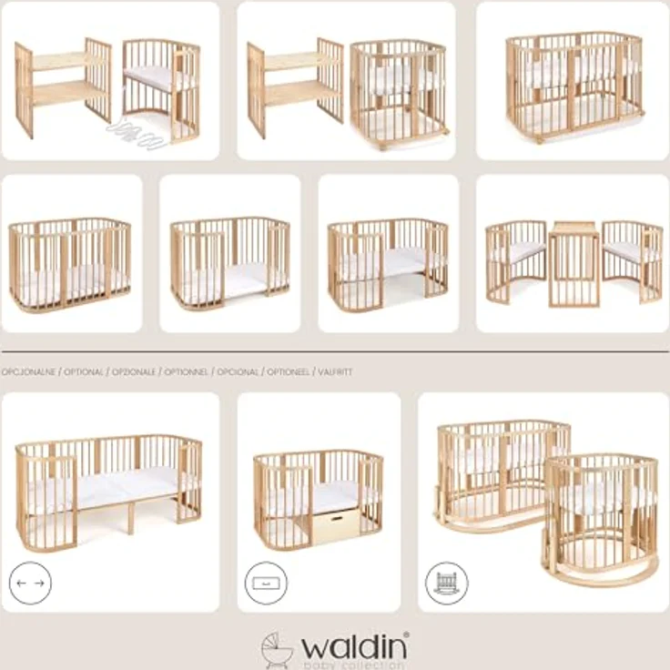Waldin Oval Baby-Bett Mitwachsend Komplett Set 7in1, Gitterbett, Kinderbett mit Matratze, Wickelkommode, Beistellbett, Holz Natur, Stoffe Weiß Zweige – Bild 3