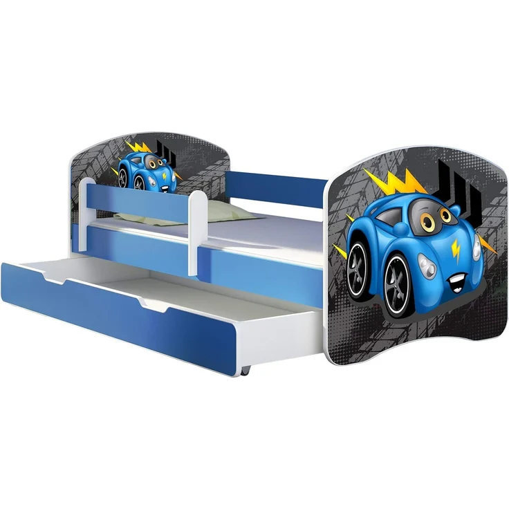 ACMA Kinderbett Jugendbett mit Einer Schublade und Matratze Blau mit Rausfallschutz Lattenrost II 140x70 160x80 180x80 (04 Blaue Auto, 160x80 + Bettkasten) – Bild 1