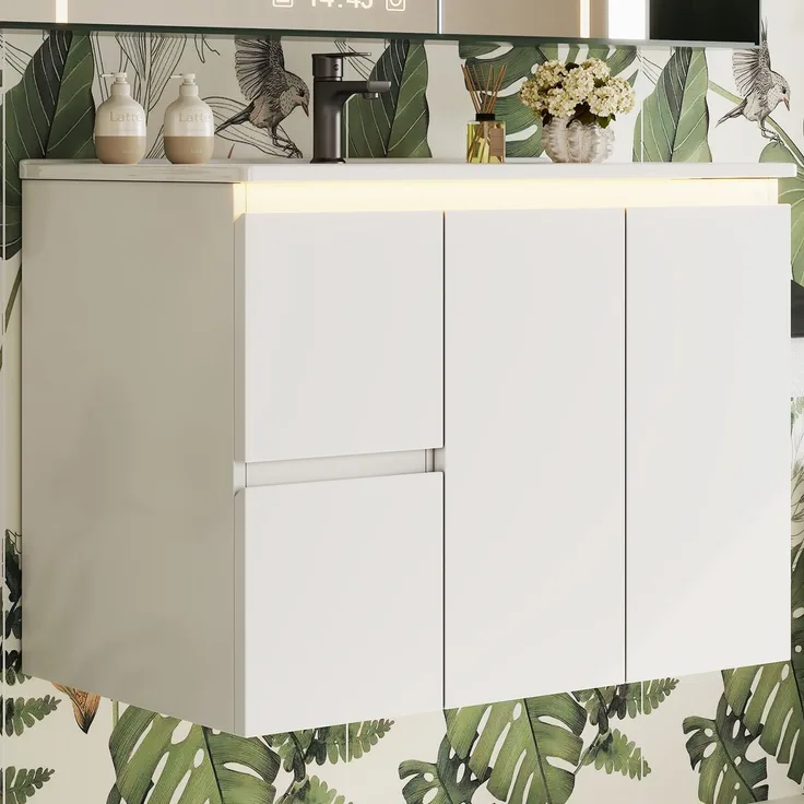 Waschtischunterschrank 76x47x57 cm, wandhängend, Weiß, mit Keramikbecken und LED-Sensorlicht