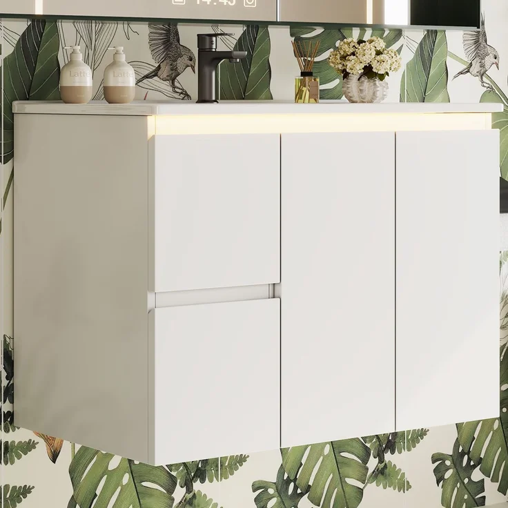Waschtischunterschrank 76x47x57 cm, wandhängend, Weiß, mit Keramikbecken und LED-Sensorlicht – Bild 1