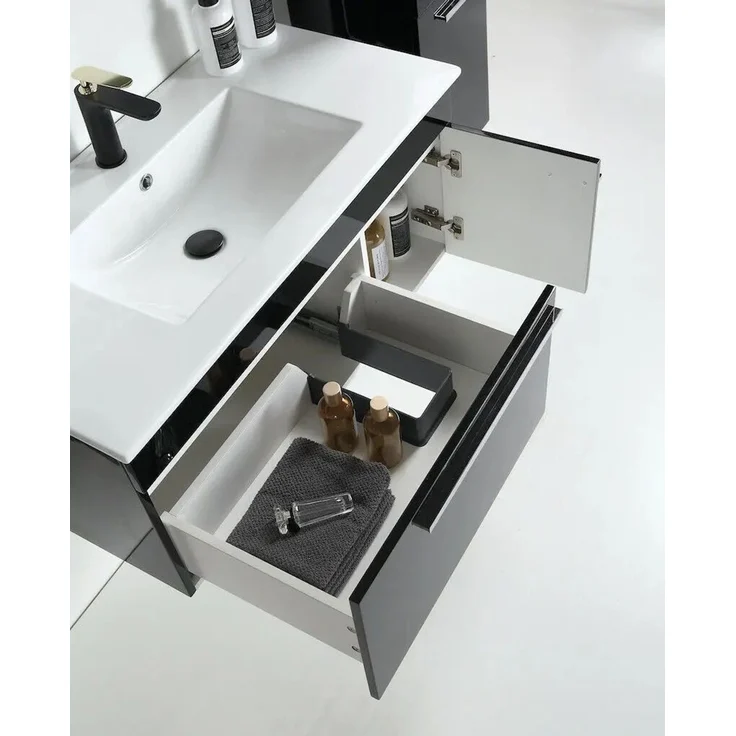 Faizee Home Badmöbelset 90 cm Schwarz Hochglanz inkl. Keramik-Waschbecken, LED-Spiegel & 1x Seitenschrank links – Bild 3