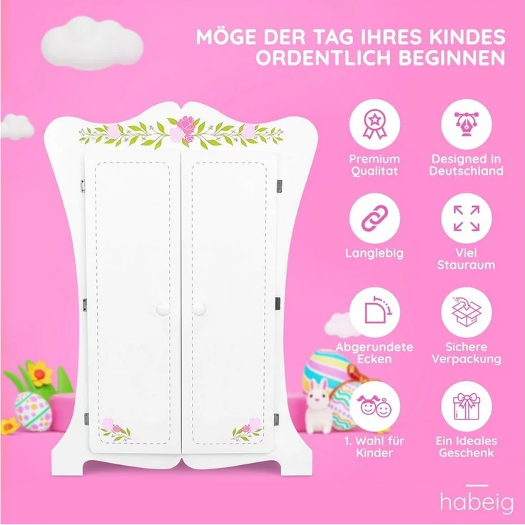 habeig Kleiderschrank Kinderschrank Kleiderschrank 70cm Wandschrank weiß Puppenschrank #355 – Bild 3