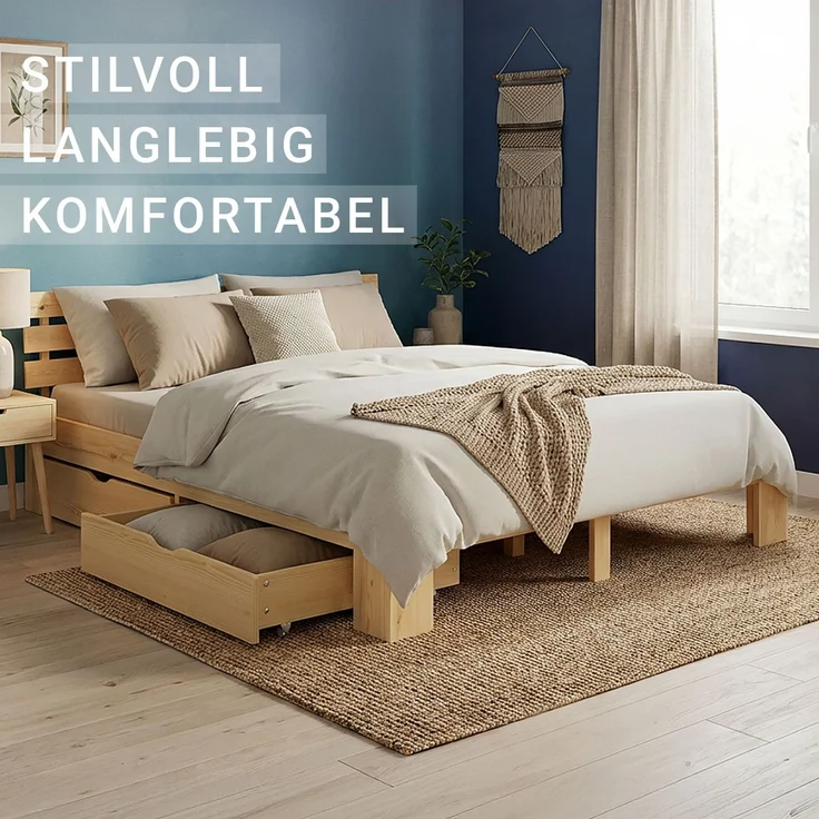 Holzbett 140x200 cm mit Federkernmatratze & 2 Bettkästen Doppelbett Bett Holzbettrahmen Natur Massiv Holz Lattenrost – Bild 8