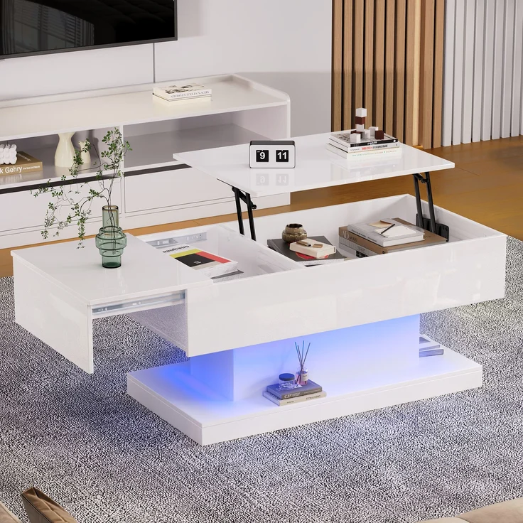Couchtisch, mit hydraulischem Lift, schiebbarer Platte & LED-Beleuchtung, 100x50x45 cm, Weiß – Bild 2