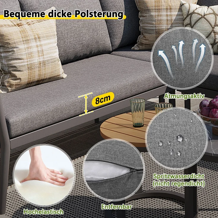 Merax Gartenlounge-Set für 5-6 Personen, 6-Sitzer Gartenmöbel-Set Sitzgruppe mit 2 stapelbaren Couchtische, grau – Bild 6