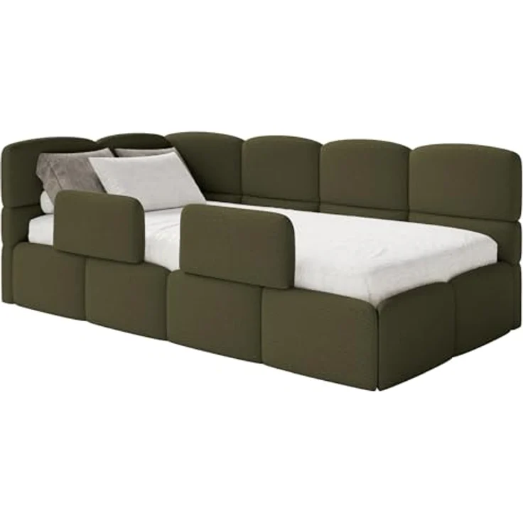 Selsey Jugendbett 90x200 cm Links Komfortables Polsterbett mit Bettkasten Sicherer Schlaf Rausfallschutz-Gitter Modernes Design Stabiler Holzrahmen Olivgrün Ideal Kinderzimmer – Bild 4