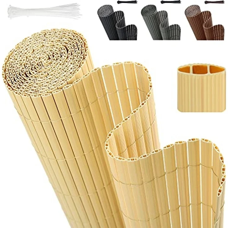 Sekey PVC Sichtschutzmatte 90x300cm Doppelte Verstärkung Innen, Balkon Sichtschutz mit Kabelbindern, Sichtschutzzaun Windschutz Wasserdicht ohne Bohren für Balkon Garten, Bambus – Bild 1