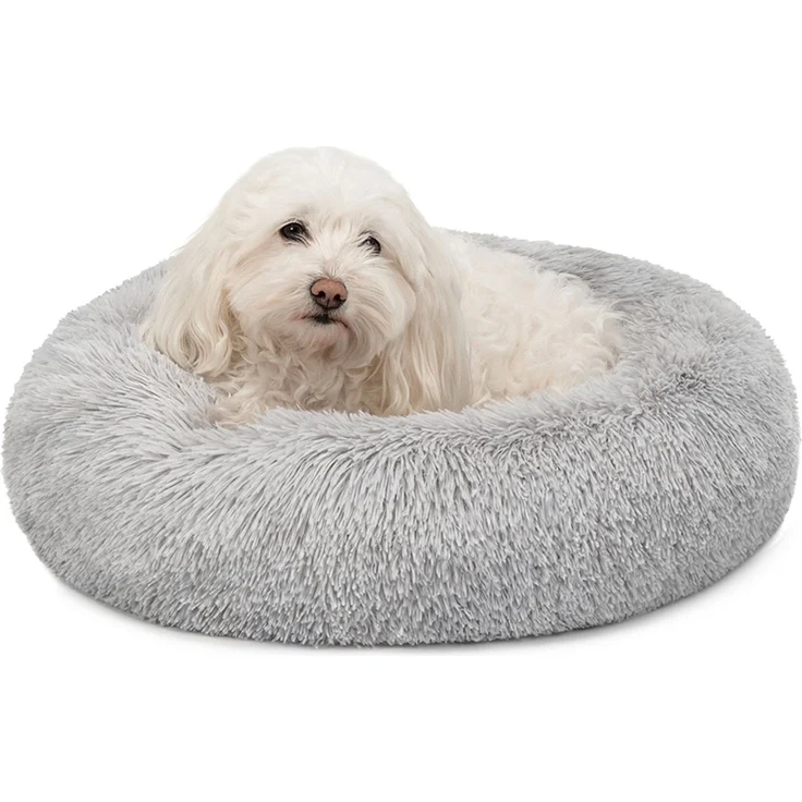 lionto Donut Hundebett, rundes Hundesofa mit Plüschbezug & Anti-Rutsch-Noppen, weich & gemütlich, 50 cm Durchmesser, hellgrau – Bild 1