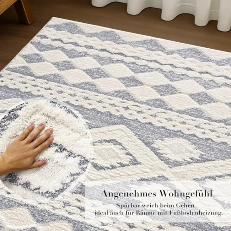 Teppich Wohnzimmer Hochflor - Boho - Pastell Cream Grau - 120x170cm - Einfarbig - Modern Raute Meliert Muster - Skandinavisch Flauschig Weich - Wohnteppich Schlafzimmer Dekoration – Bild 4