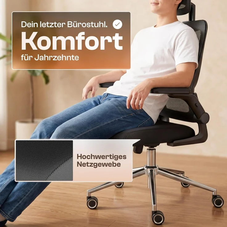 LUTIVO Bravo, ergonomischer Bürostuhl, Rückenlehne mit Mesh Bezug, 3D-Armlehnen, 3D-Kopfstütze, ViperWheels, Schwarz – Bild 6