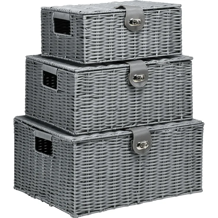 3er-Set Aufbewahrungskörbe aus PE-Rattan, mit Verschluss, getragen, 35,5 cm x 28,5 cm x 18 cm, Grau--Grau--18x28.5x35.5cm--YOUDENOVA