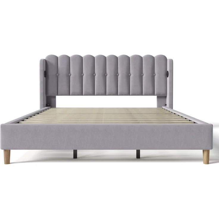 Einzelbett 180x200 cm Grau Leinen mit USB & Type-C Ladeanschluss,gepolstertes Kopfteil,Design-Paneel,stabiler Rahmen – Bild 9