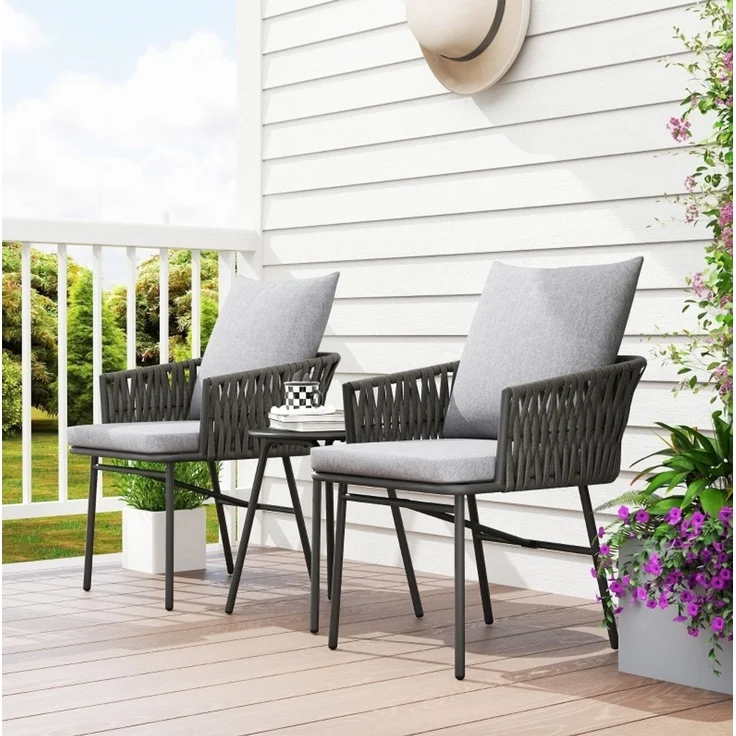 Essstuhl-Set mit Tisch 40x40x49 cm und Stühlen 58x63x69 cm, Grau, Stahlrahmen, Rattan, abnehmbare Bezüge – Bild 4
