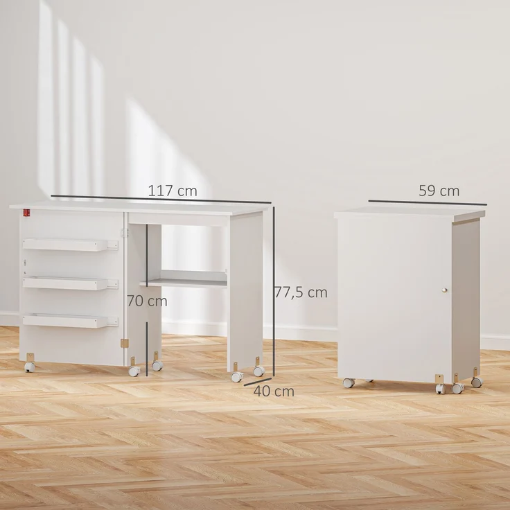Wohnora-Klappbarer Nähtisch mit ausklappbarer Tischplatte, Aufbewahrungsboxen, offenem Regal und Rollen, weiß,H 775cm x T 1170cm x B 400cm – Bild 5
