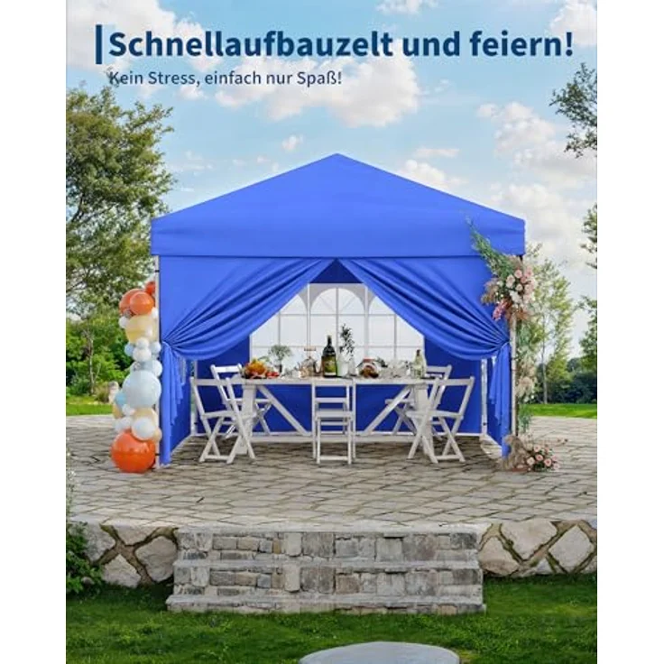 Faltpavillon 3x3 m wasserdicht stabil mit 4 Seitenwänden – Pop up Pavillon faltbar aus 420D Oxford, UV-Schutz 50+, 3-Fach höhenverstellbar, Partyzelt mit Tragetasche für Garten & Outdoor (Blau) – Bild 7