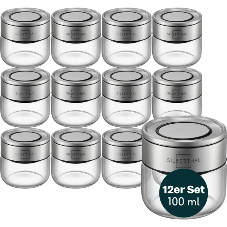 SILBERTHAL Gewürzbehälter 12 x Gewürzglas 300 ml Set, Glas, Edelstahl, (12-tlg, 12er Set), Luftdicht & Mottensicher – Bild 1