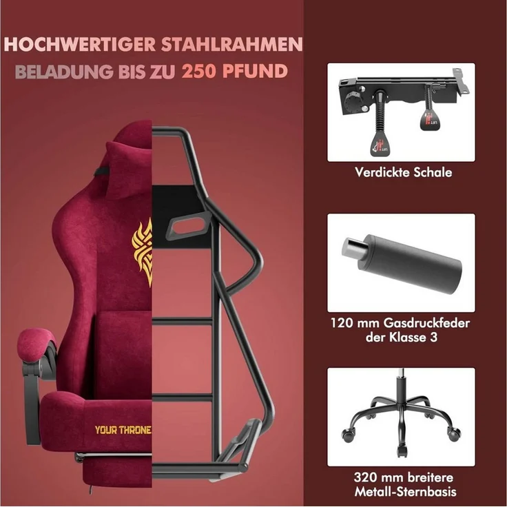Ferghana Gaming-Stuhl Gaming-Stuhl: Kopfstütze, Lendenkissen, Armlehnen, Fußstütze (Packung), Ergonomischer PC-Stuhl,Rückenlehne 90°-125° – Bild 3